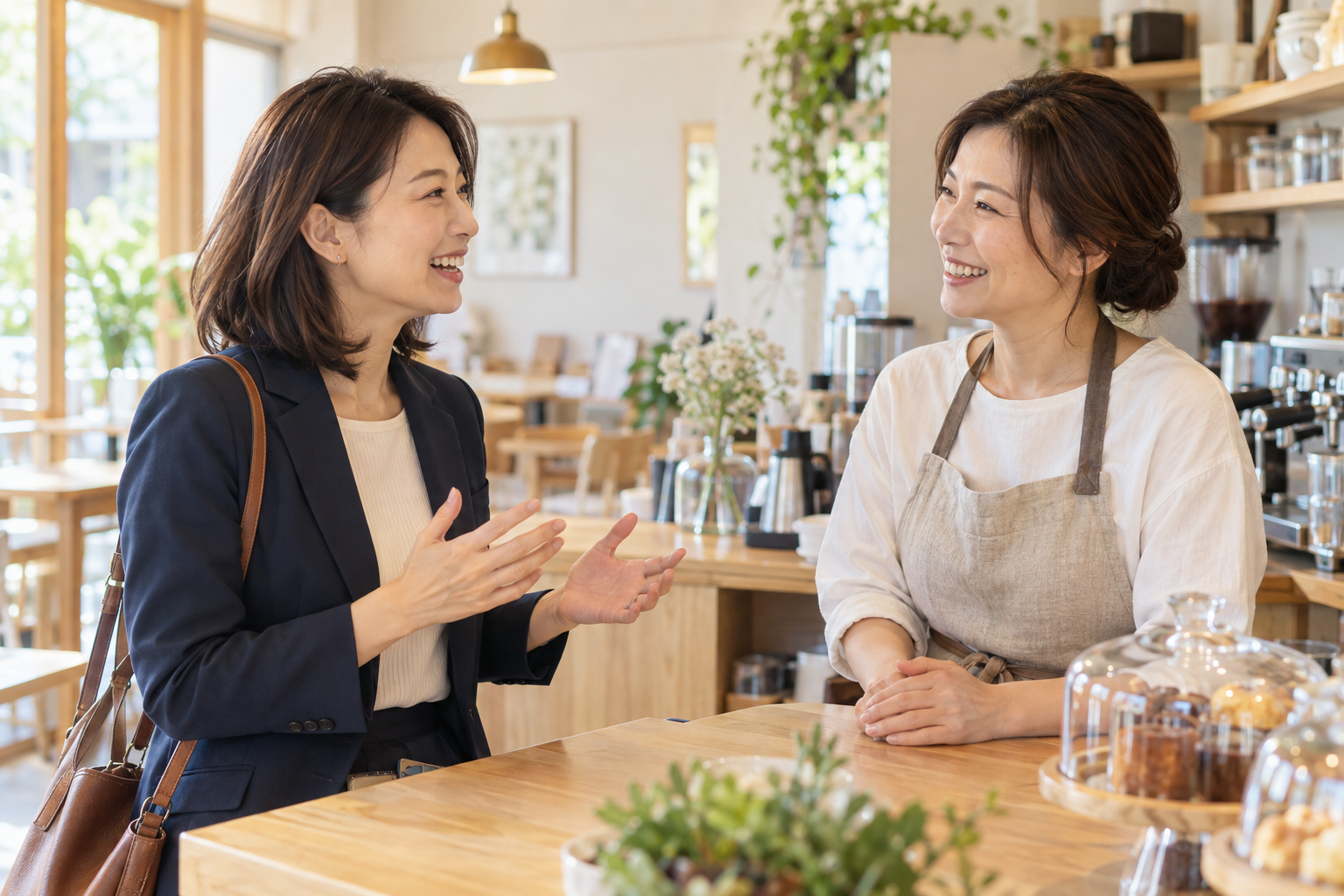 地域のお店の方と対話する女性のイメージ